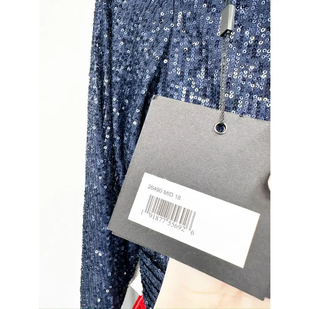 Mac Duggal‎ 26490 Midnight Blue Sequined Long Sleeve V-Neck Cocktail Gown